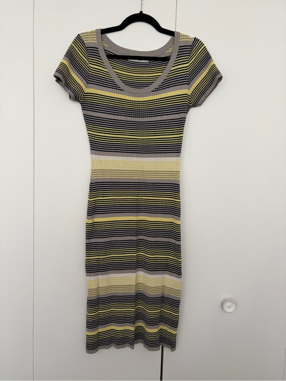 Striped Short-Sleeve Knit Dress in Yellow, Gray & Black